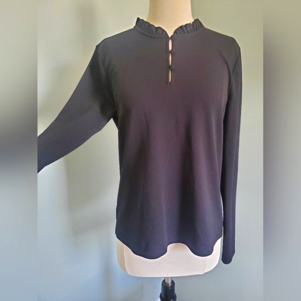 Ann Taylor Sleek Black Blouse – Ruffled Neck & Button Detail